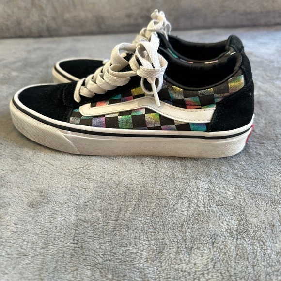Vans Old Skool Checkerboard Iridescent Black Suede Sneakers Women's 5.5 - Picture 3 of 7